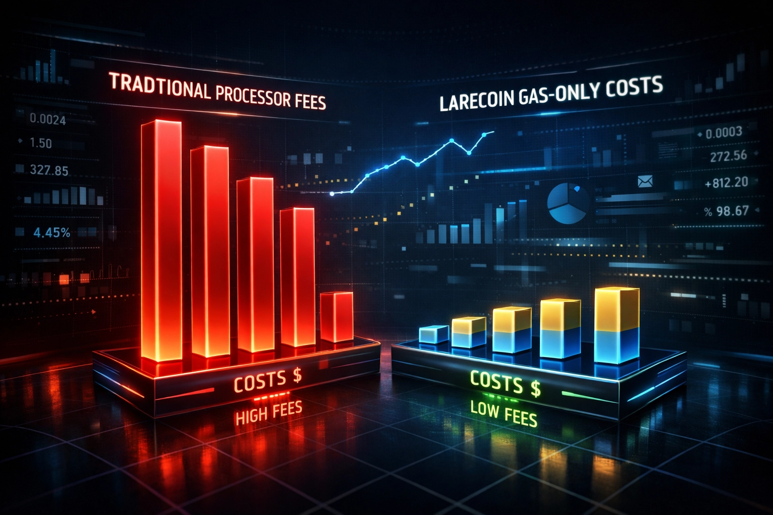 Crypto payment fee comparison showing Larecoin's 50% cost savings over traditional processors