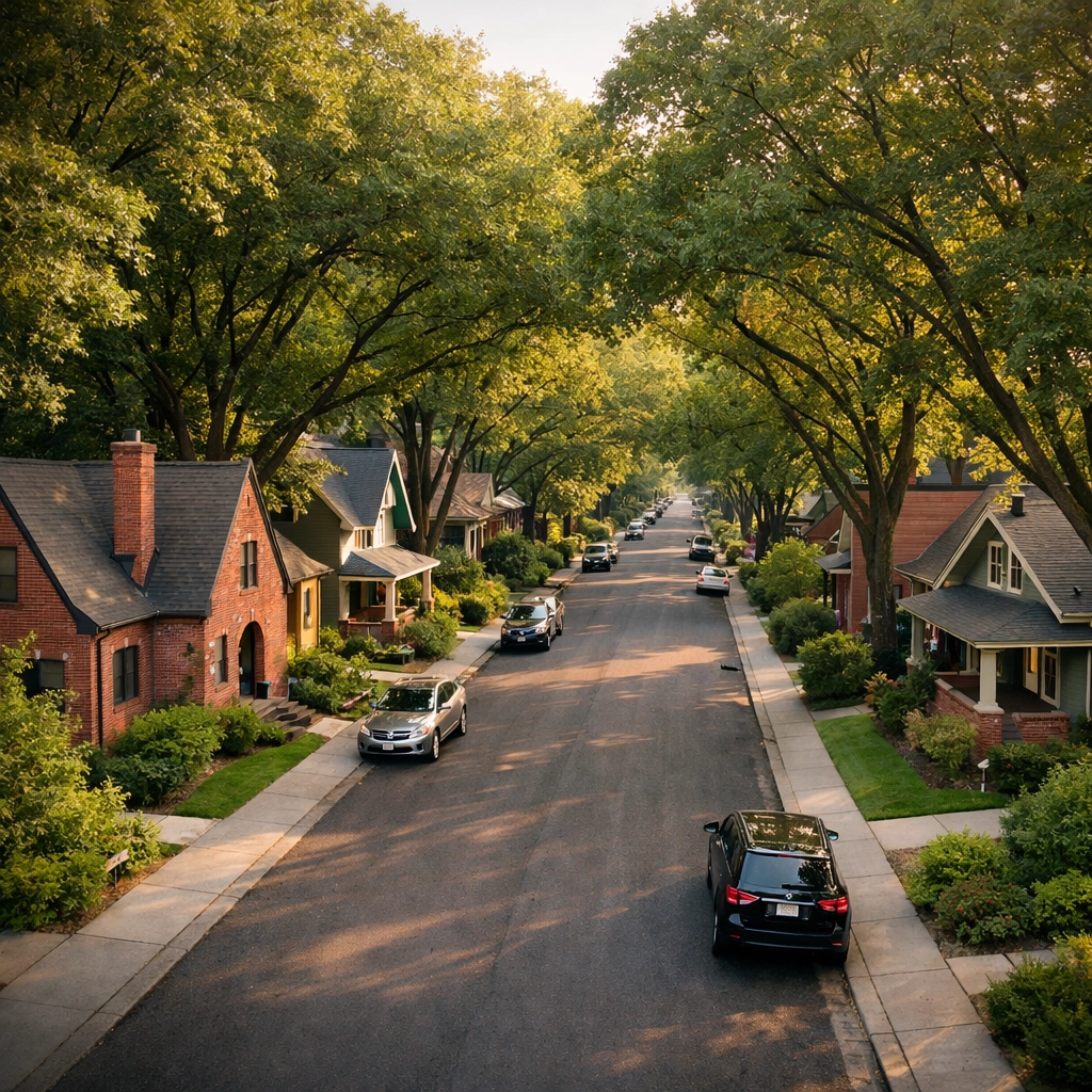 Historic brick homes line tree-covered street in Spokane's Audubon-Downriver neighborhood