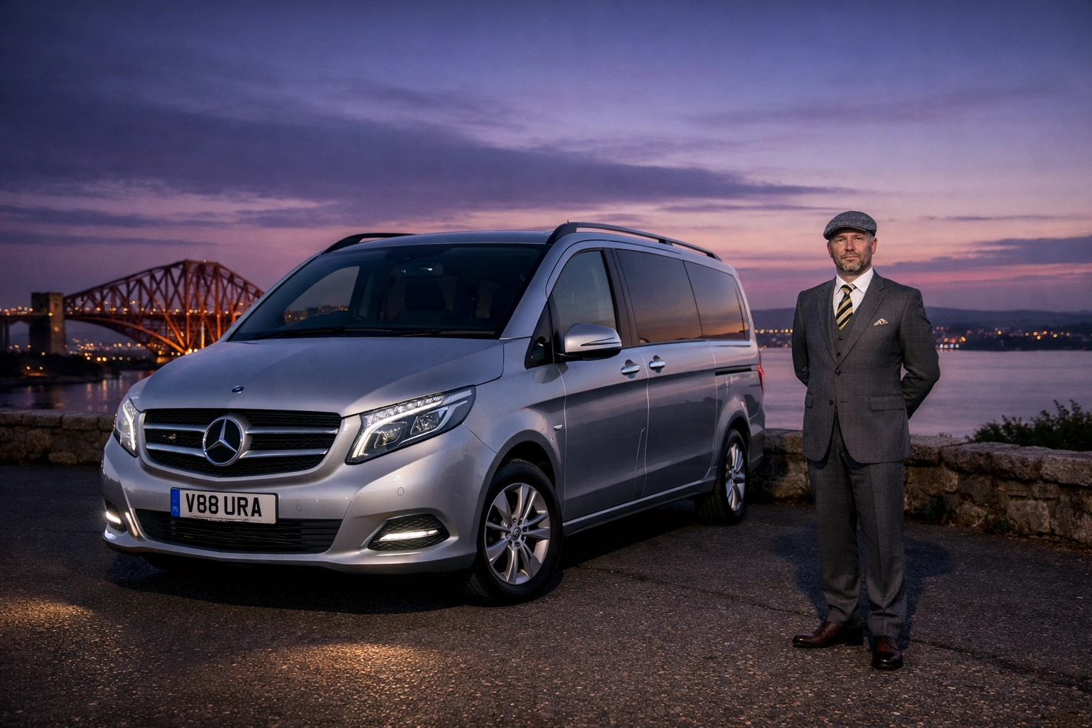 Private tours Edinburgh: luxury silver Mercedes V-Class and chauffeur at a scenic Scottish overlook at dusk.