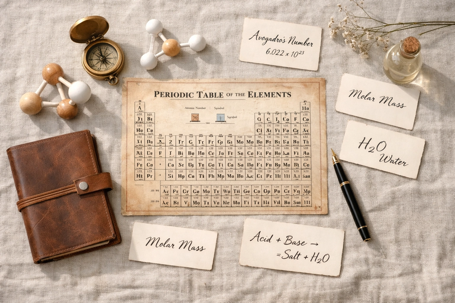 A Level Chemistry study materials including periodic table and molecular models