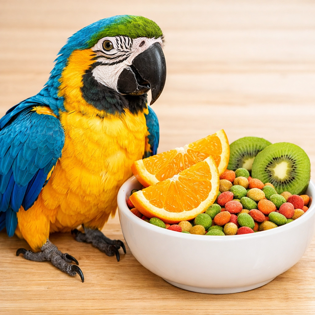 A vibrant Macaw next to a bowl of premium bird food and fresh fruit for a healthy avian diet.