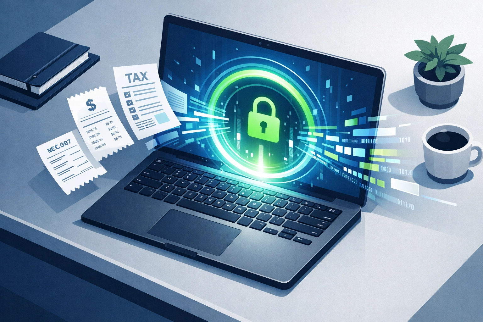Secure digital tax portal illustration showing document organization for accurate virtual preparation.