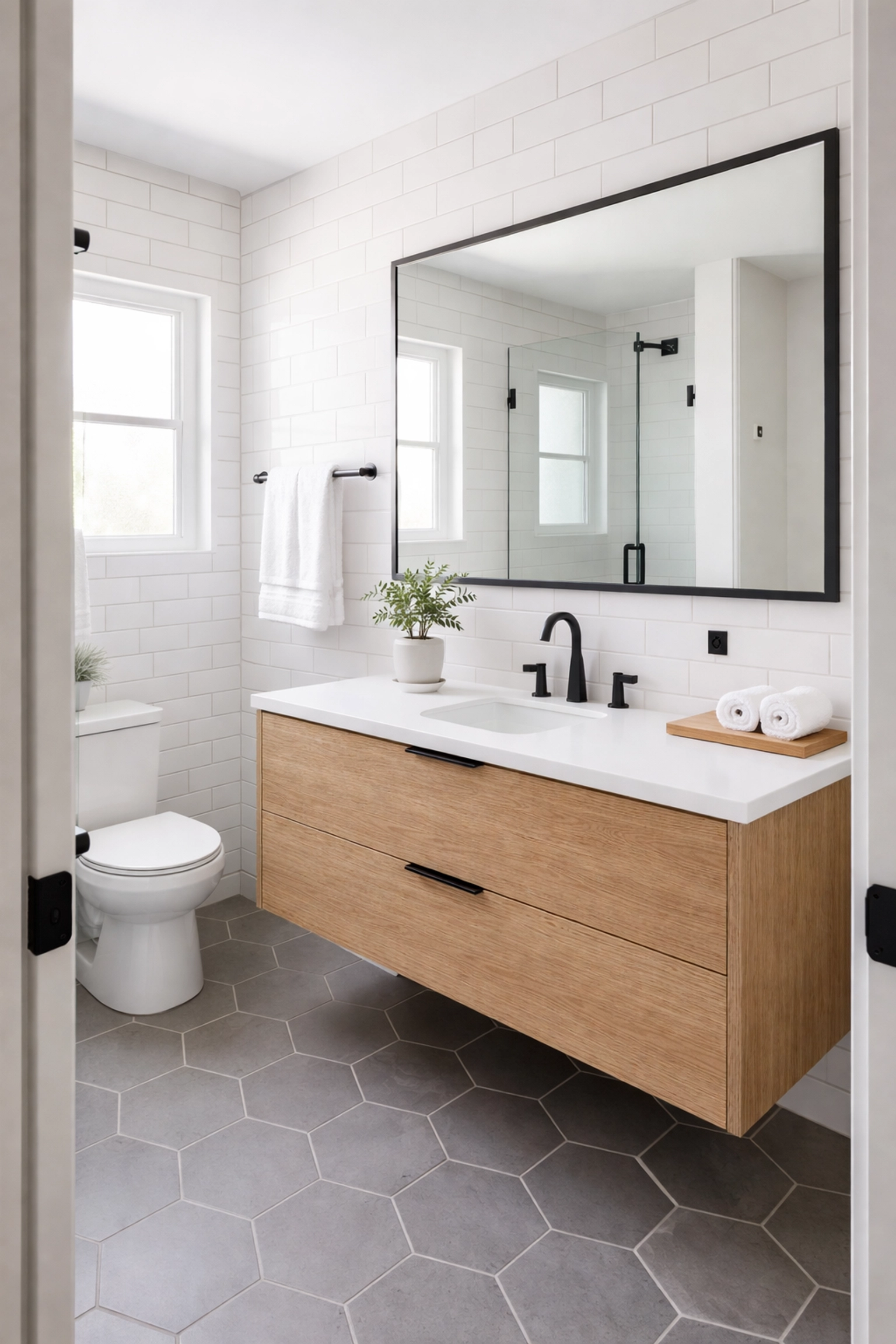 Contemporary renovated bathroom with floating vanity, matte black fixtures, and bright tiles reflecting high-value upgrades.