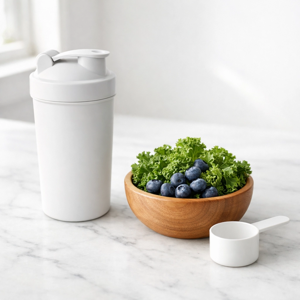 Clean protein shake and fresh fruit on a counter representing an exclusive wellness membership.