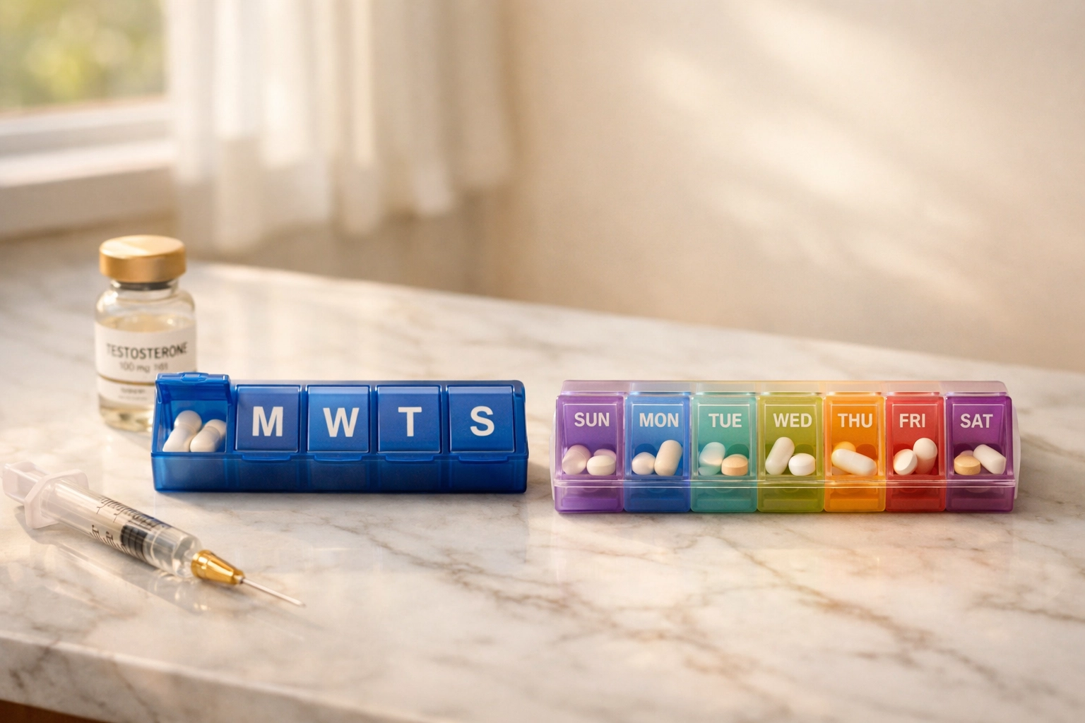 TRT dosing schedule comparison showing weekly testosterone therapy administration