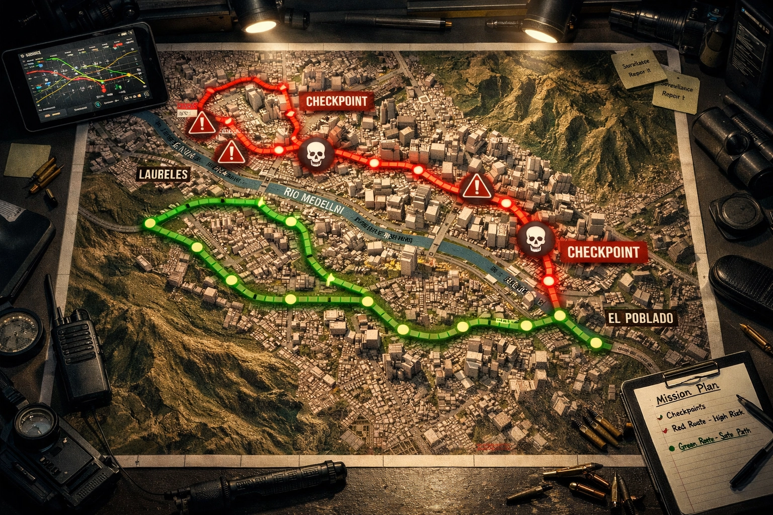 Tactical route planning map showing safe vs risky paths in Medellin