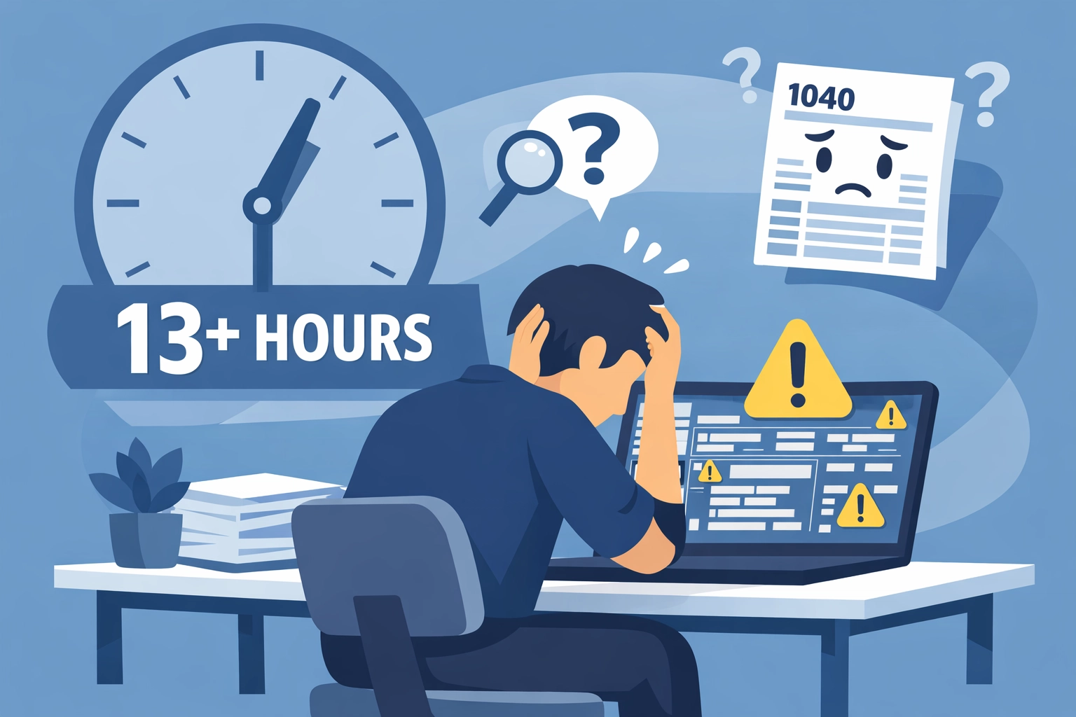 Frustrated taxpayer struggling with the time-consuming data entry and limitations of DIY tax software.