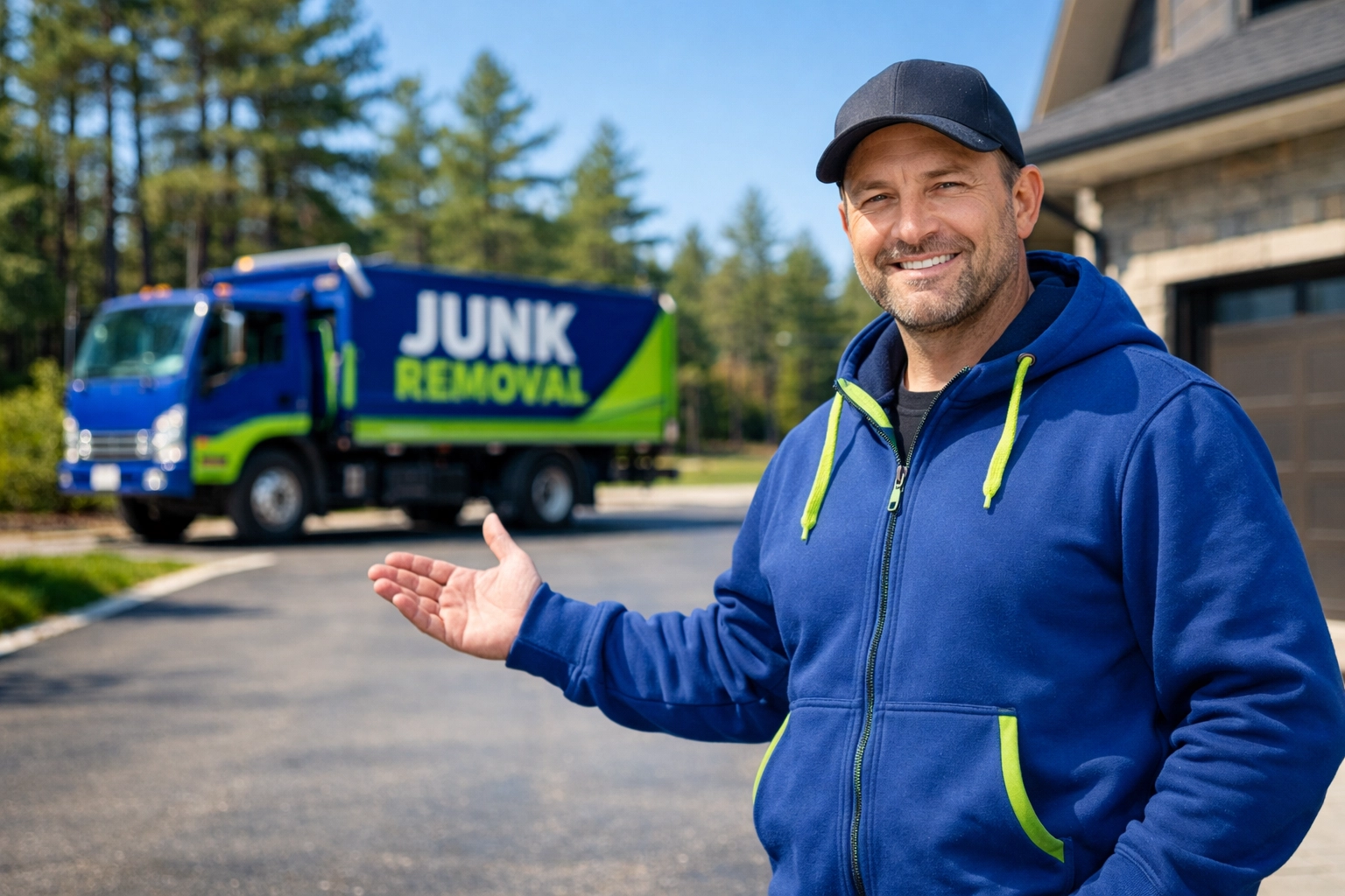 Roman on a clean Innisfil driveway after a professional same-day junk removal job by the Junk GTA team.