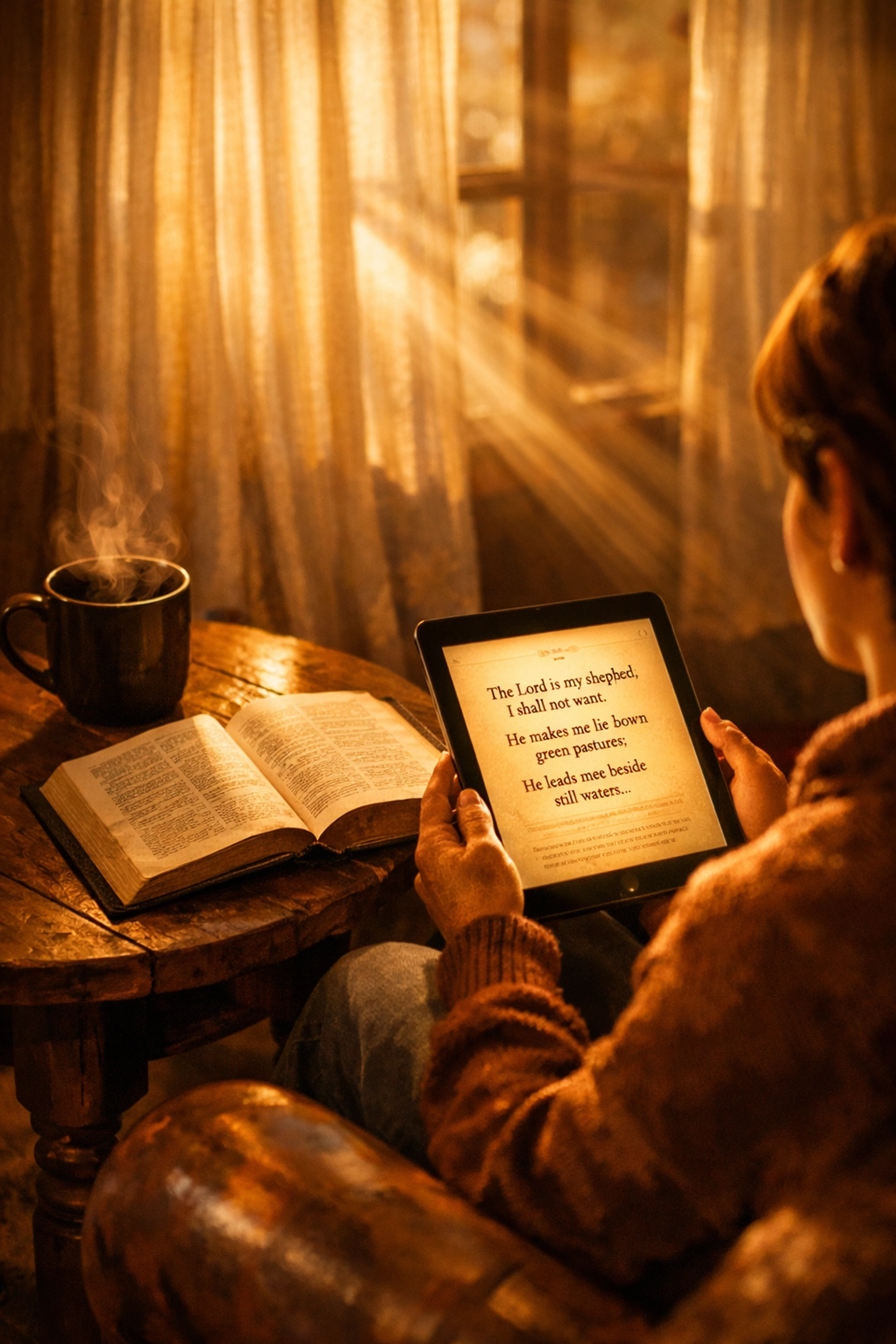 एक व्यक्ति सुबह अपने बगल में रखी टैबलेट पर बाइबिल पढ़ना पसंद करता है, और बाइबिल को अपने हाथ में पकड़े रहता है।