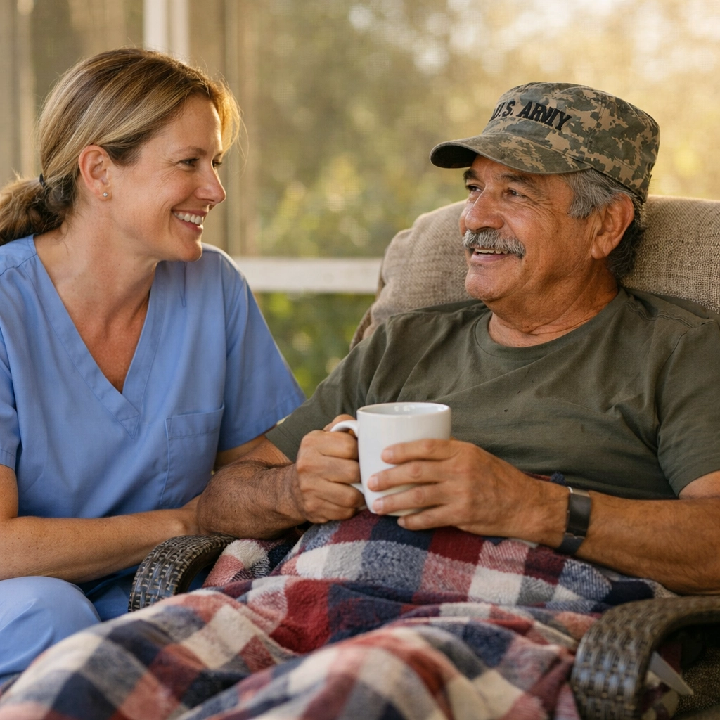 Veteran receiving companion care from home health aide in comfortable setting