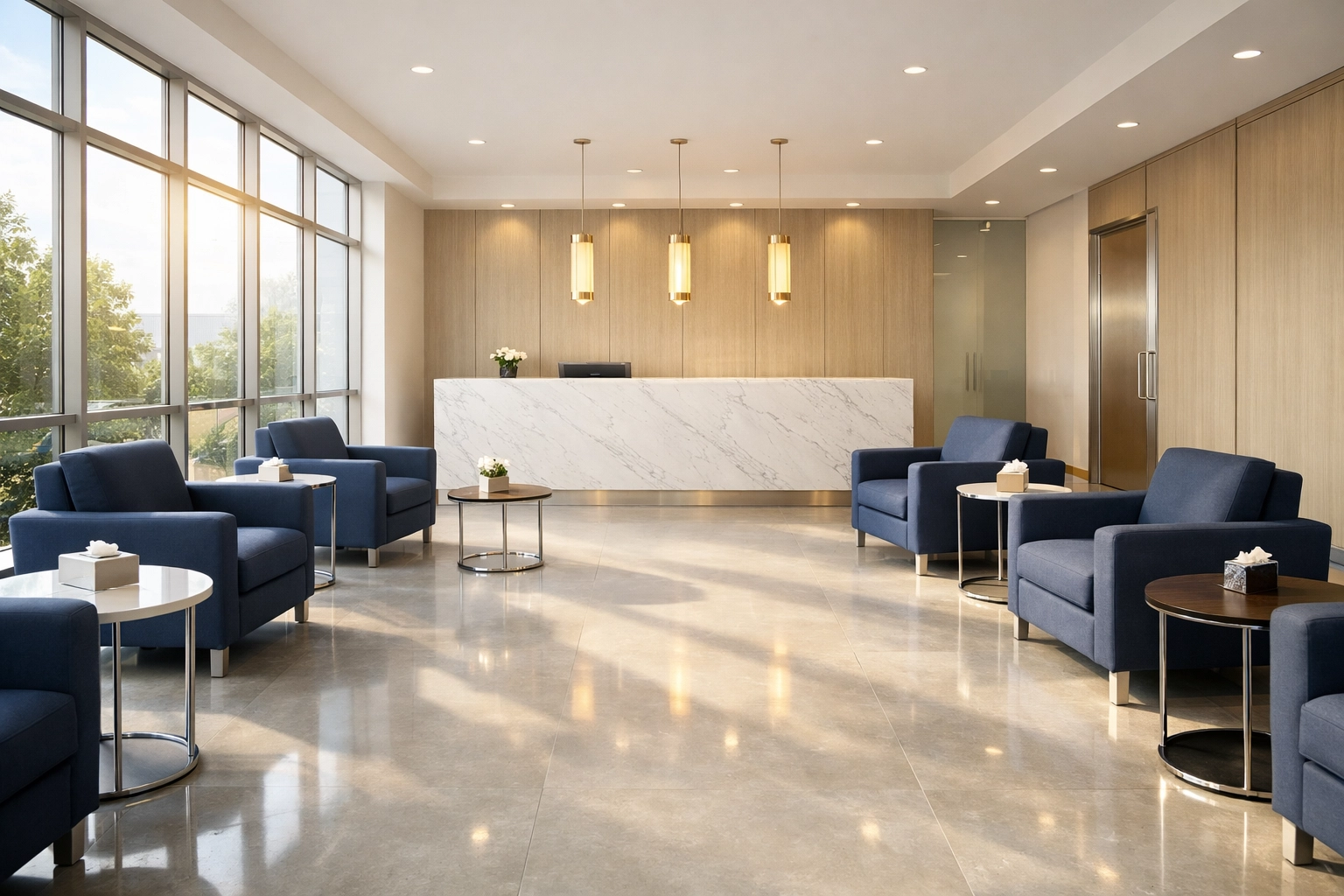 Professional healthcare waiting room with sanitized chairs and polished floors for patient safety.