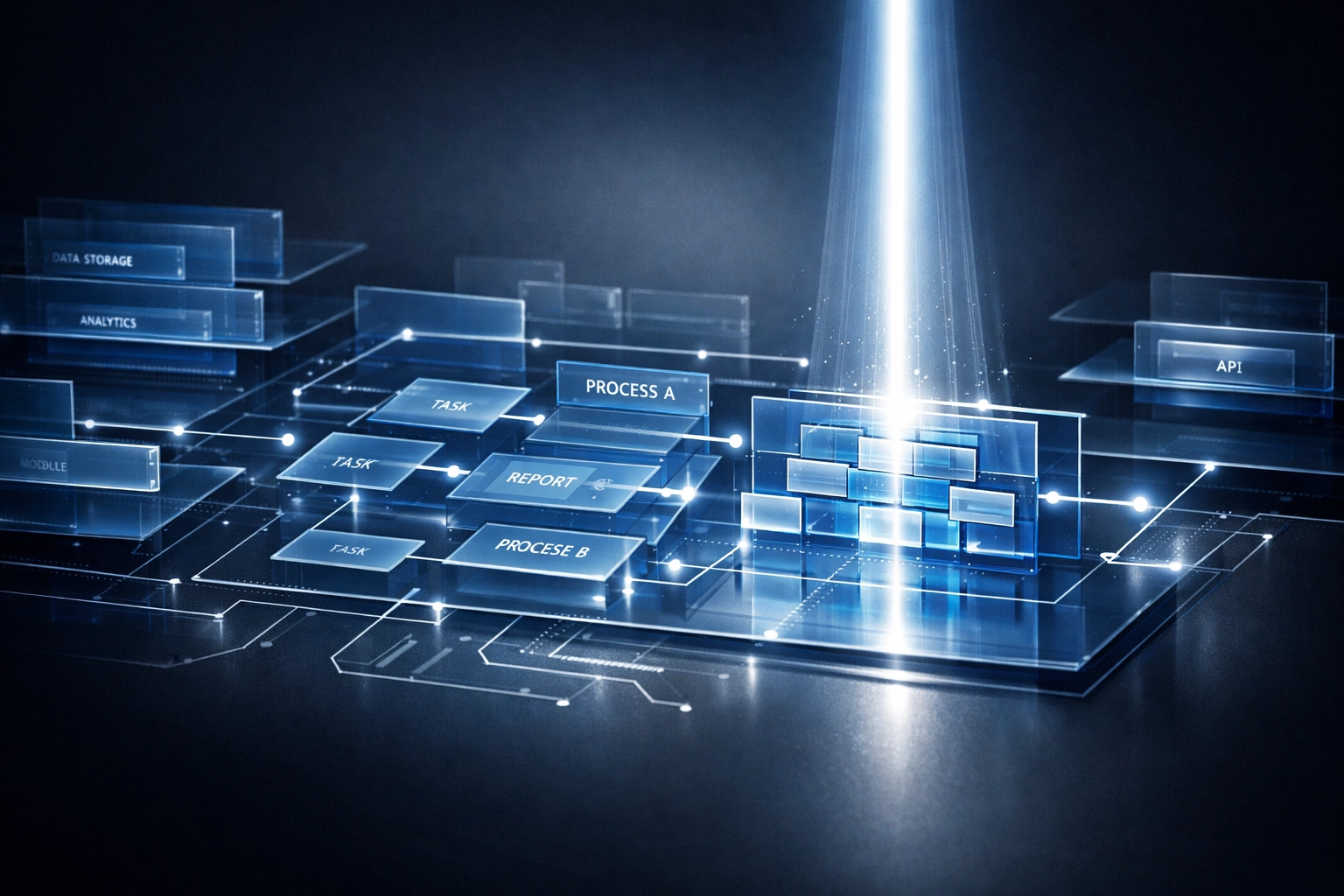 A glowing blue digital blueprint representing a strategic process audit and workflow automation map.