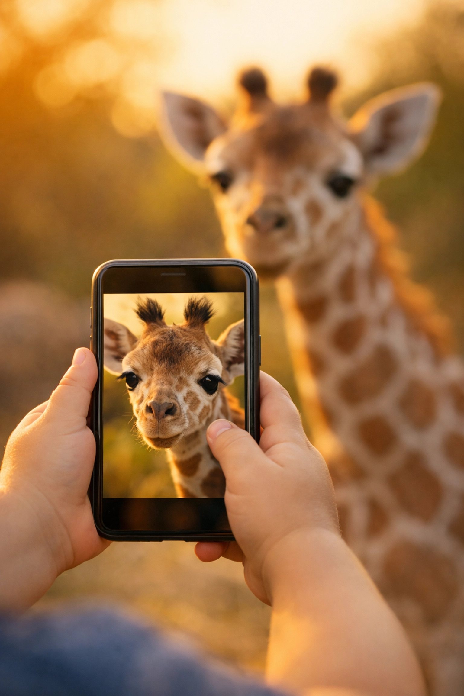 Child capturing photo of baby giraffe on smartphone at zoo