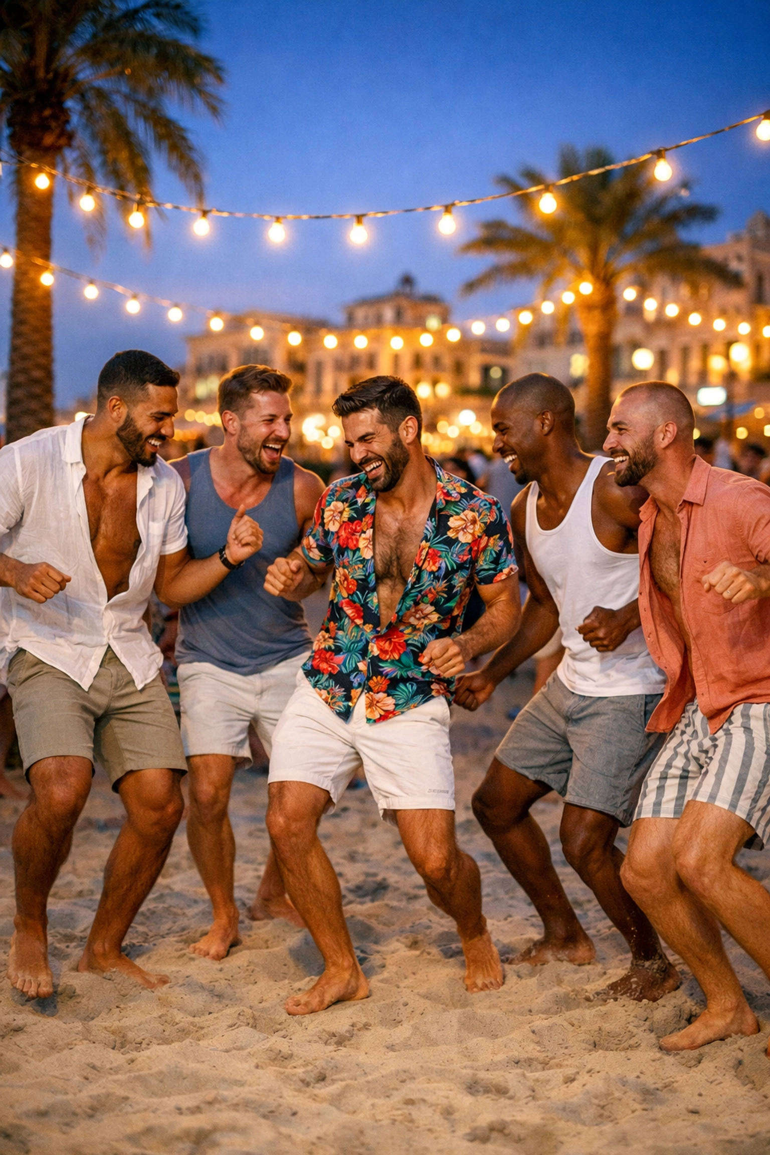 Gay men dancing barefoot in sand at Tel Aviv beach party with fairy lights and palm trees