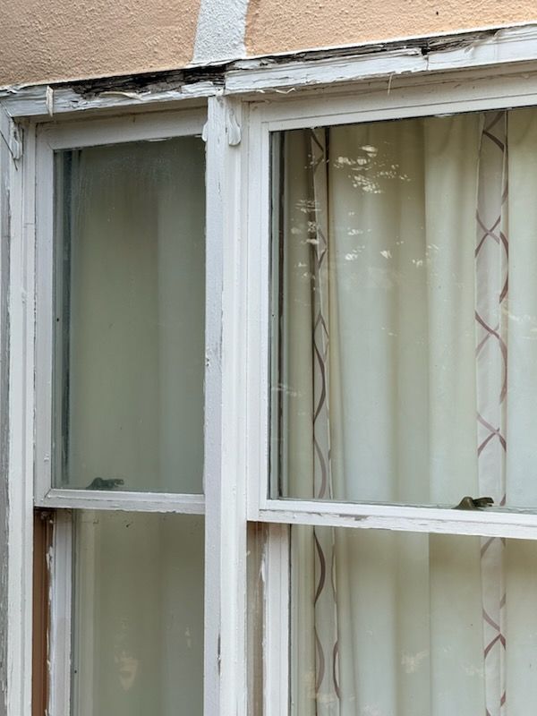 Close-up of peeling paint and damaged wood trim on a residential window in Atlanta