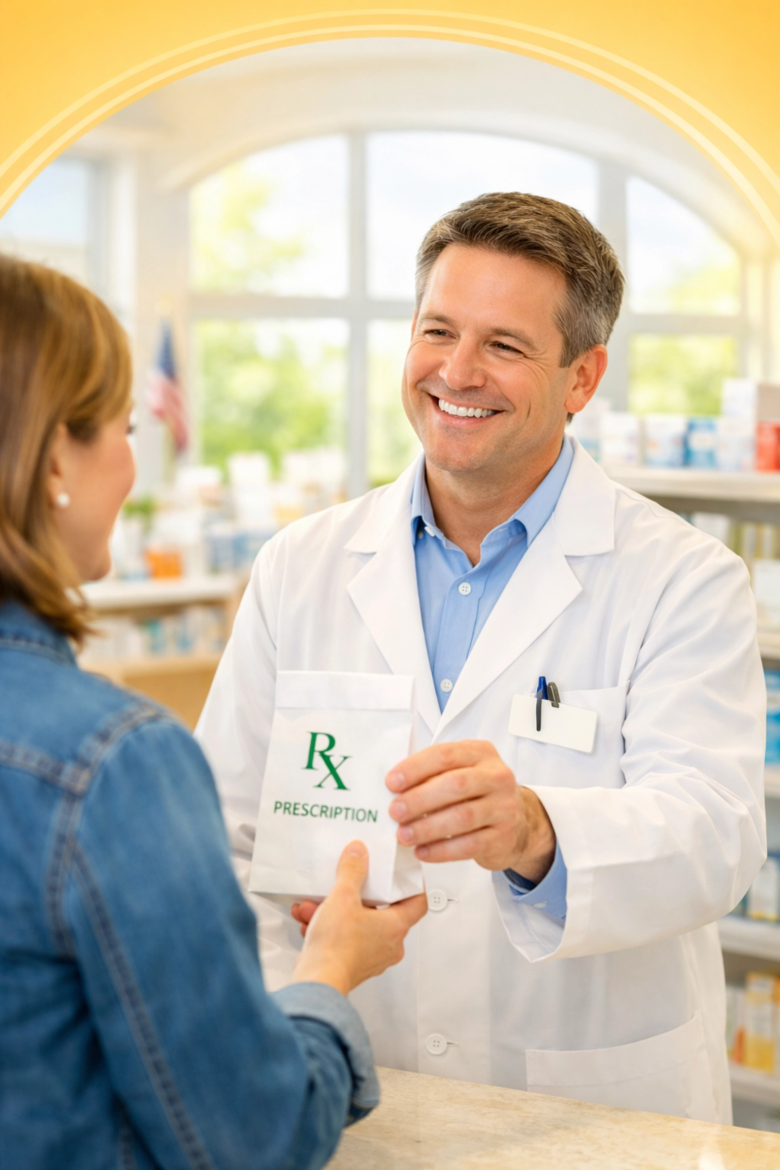 Missouri pharmacist handing a customer affordable prescriptions covered by their health insurance plan.