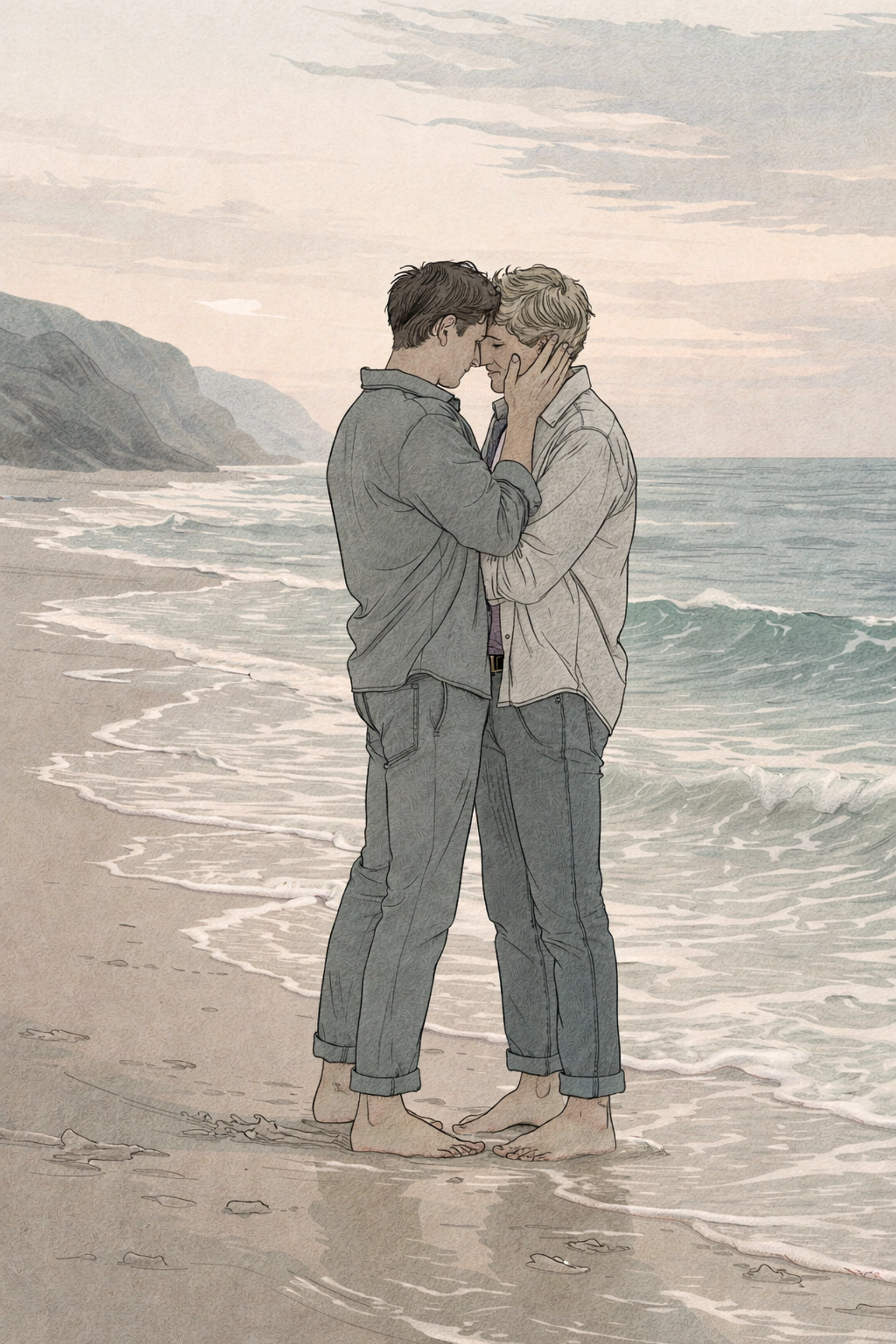 Two men embracing on a beach at dusk capturing a romantic reunion in gay fiction