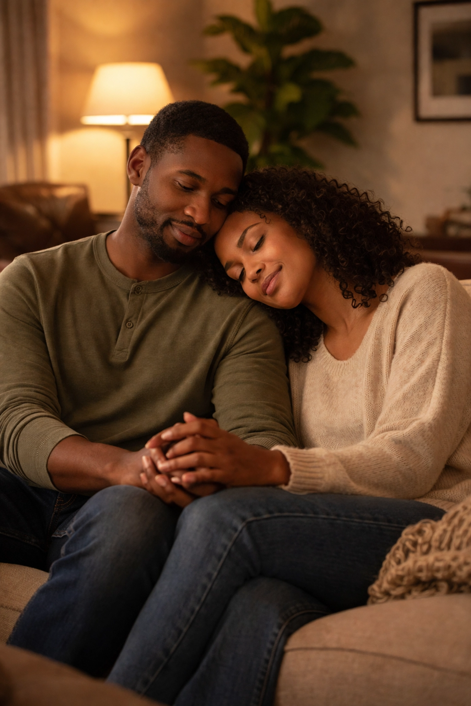 Black couple sitting close on a cozy couch, hands intertwined, symbolizing support and proactive relationship maintenance.
