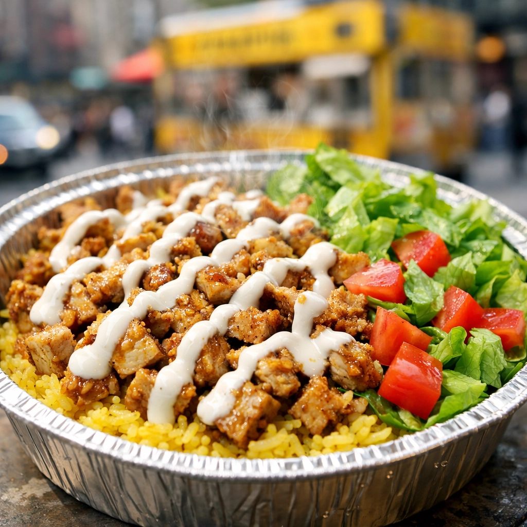 Halal cart chicken and rice meal - affordable NYC street food under $10