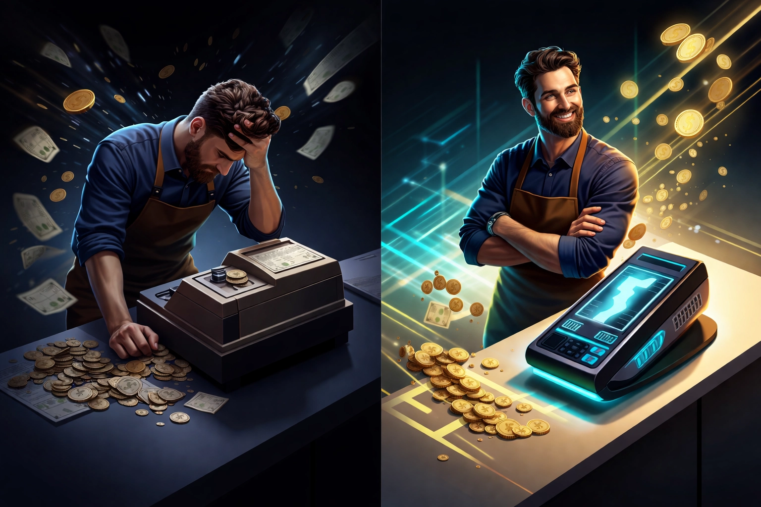 Small business owner comparing high traditional payment fees to saving money with crypto POS solutions like Larecoin.