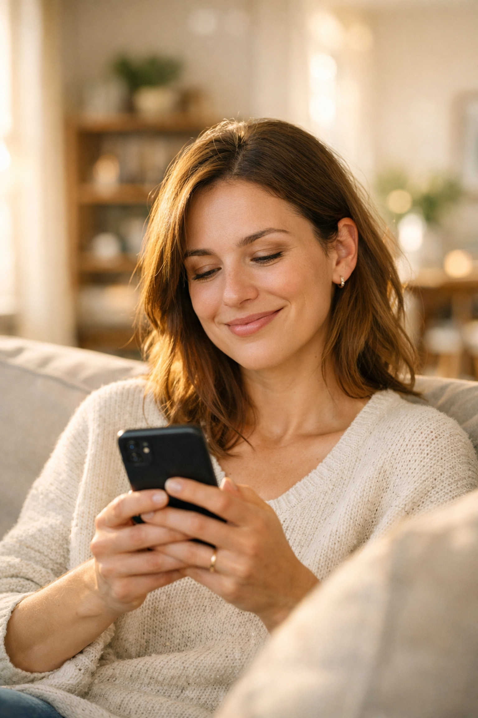 Femme soulagée recevant une approbation pour un prêt mauvais crédit sur son téléphone.
