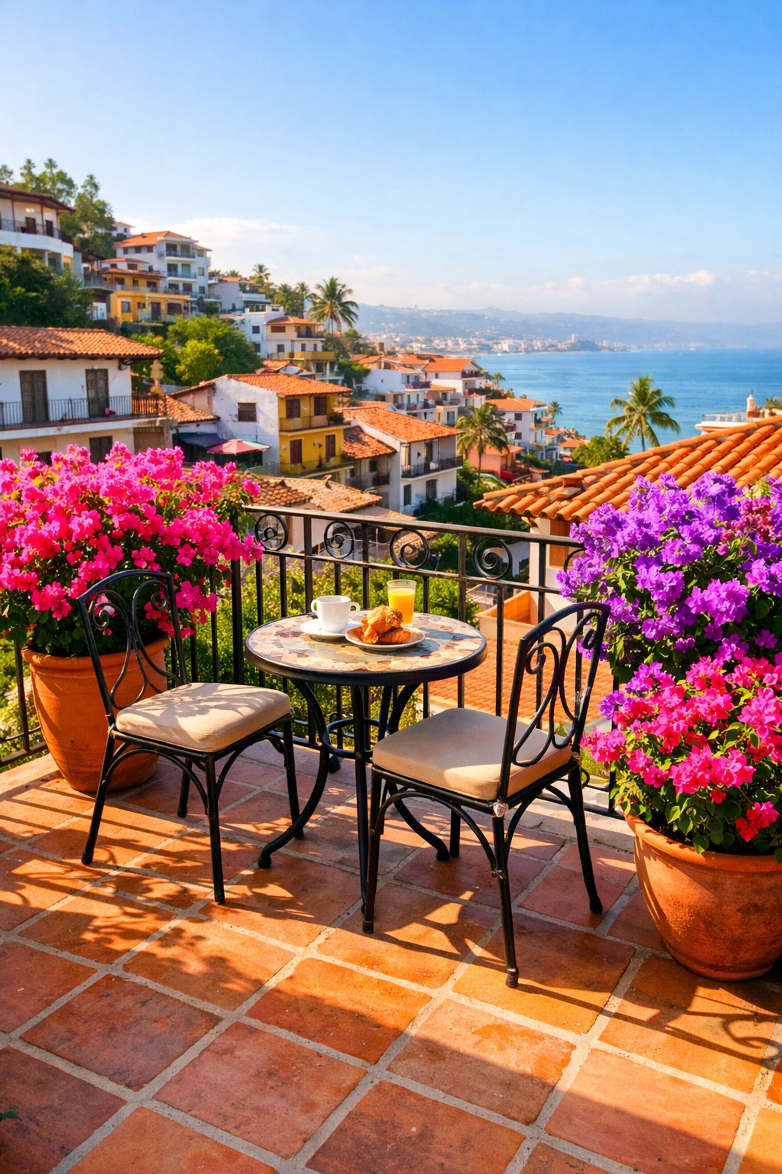Sunny balcony with bougainvillea overlooking Zona Romantica in Puerto Vallarta condo