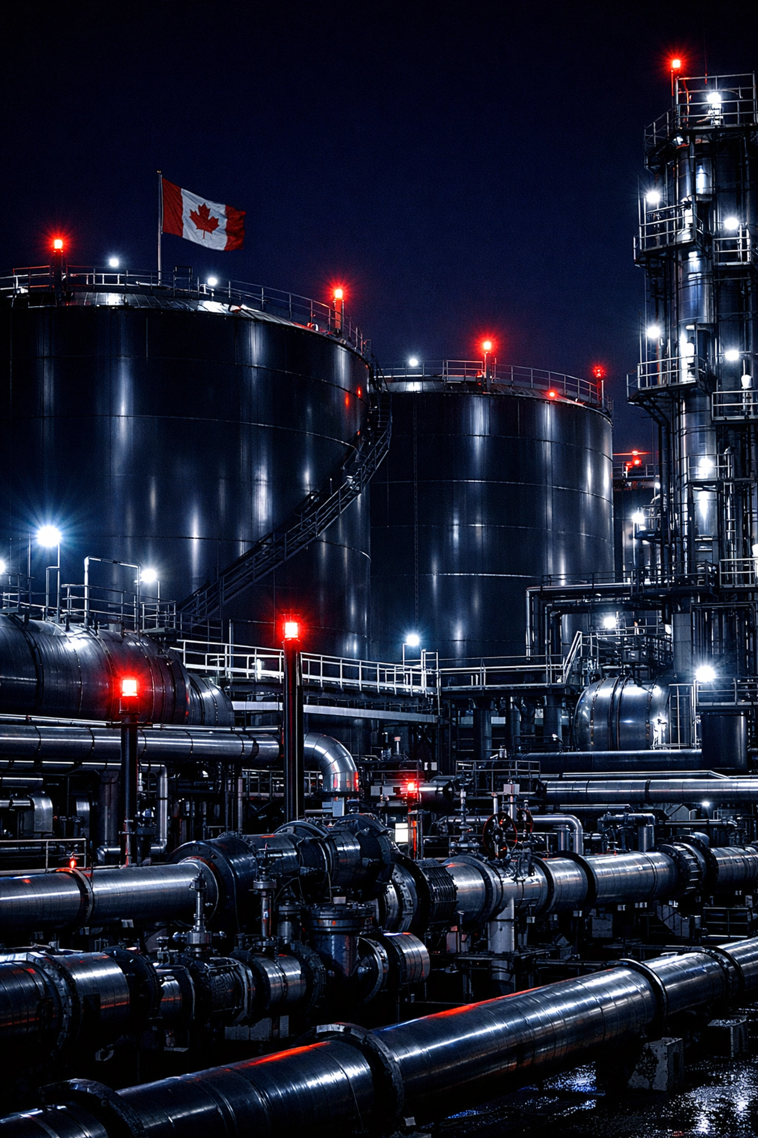 A large-scale Canadian industrial oil terminal and storage facility at night, representing the national energy sector.