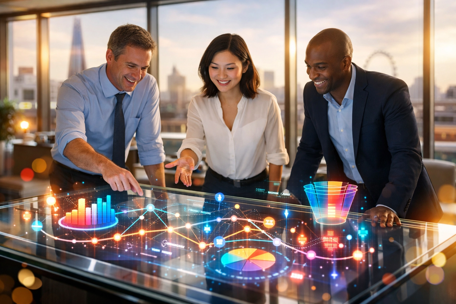 A UK business team collaborating over digital customer journey maps and CRM analytics in a modern London office.