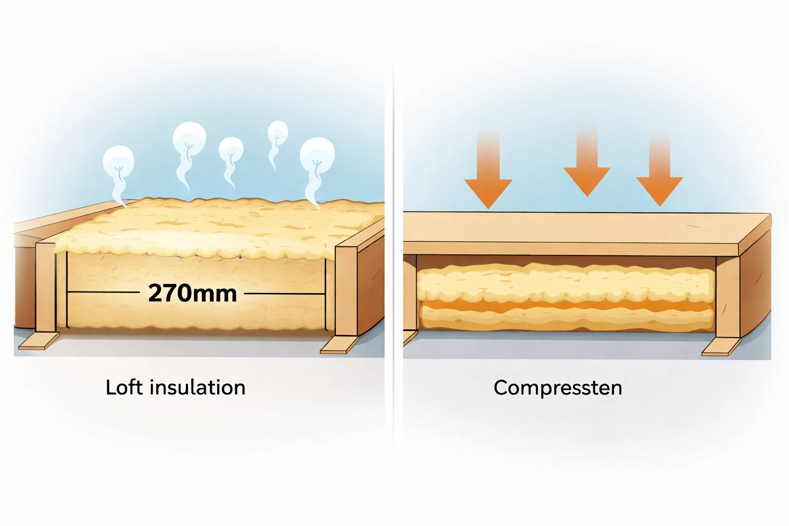 Comparison of uncompressed and compressed loft insulation showing energy efficiency differences