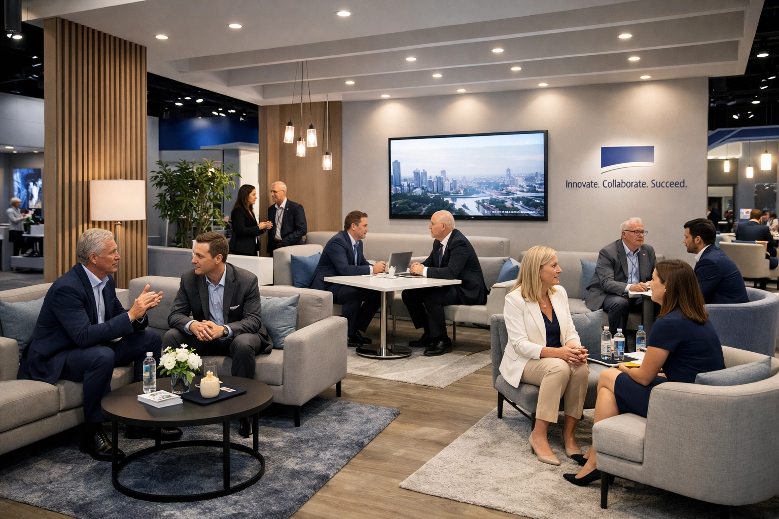 Premium lounge-style exhibition booth designed for consultative brand engagement.