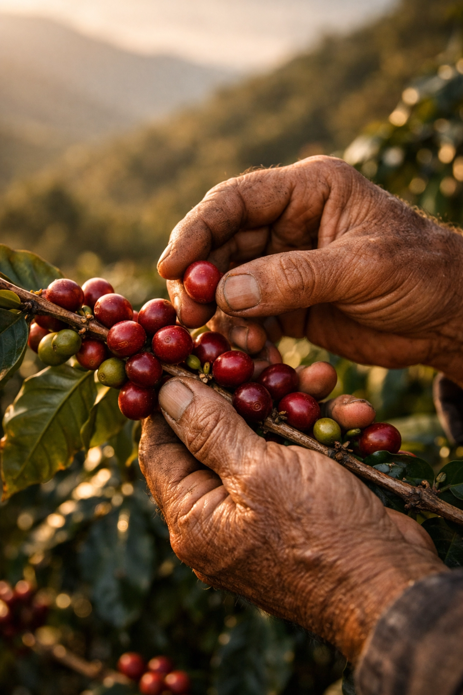 Hands harvesting ripe coffee cherries on mountain farm showing ethical sourcing