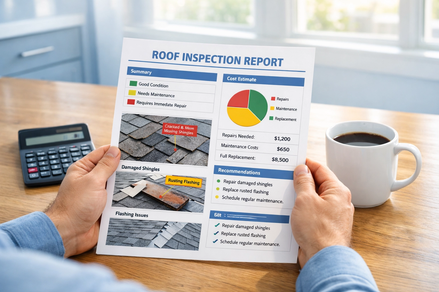 Belfast homeowner reviewing detailed roof survey report with repair costs and maintenance recommendations