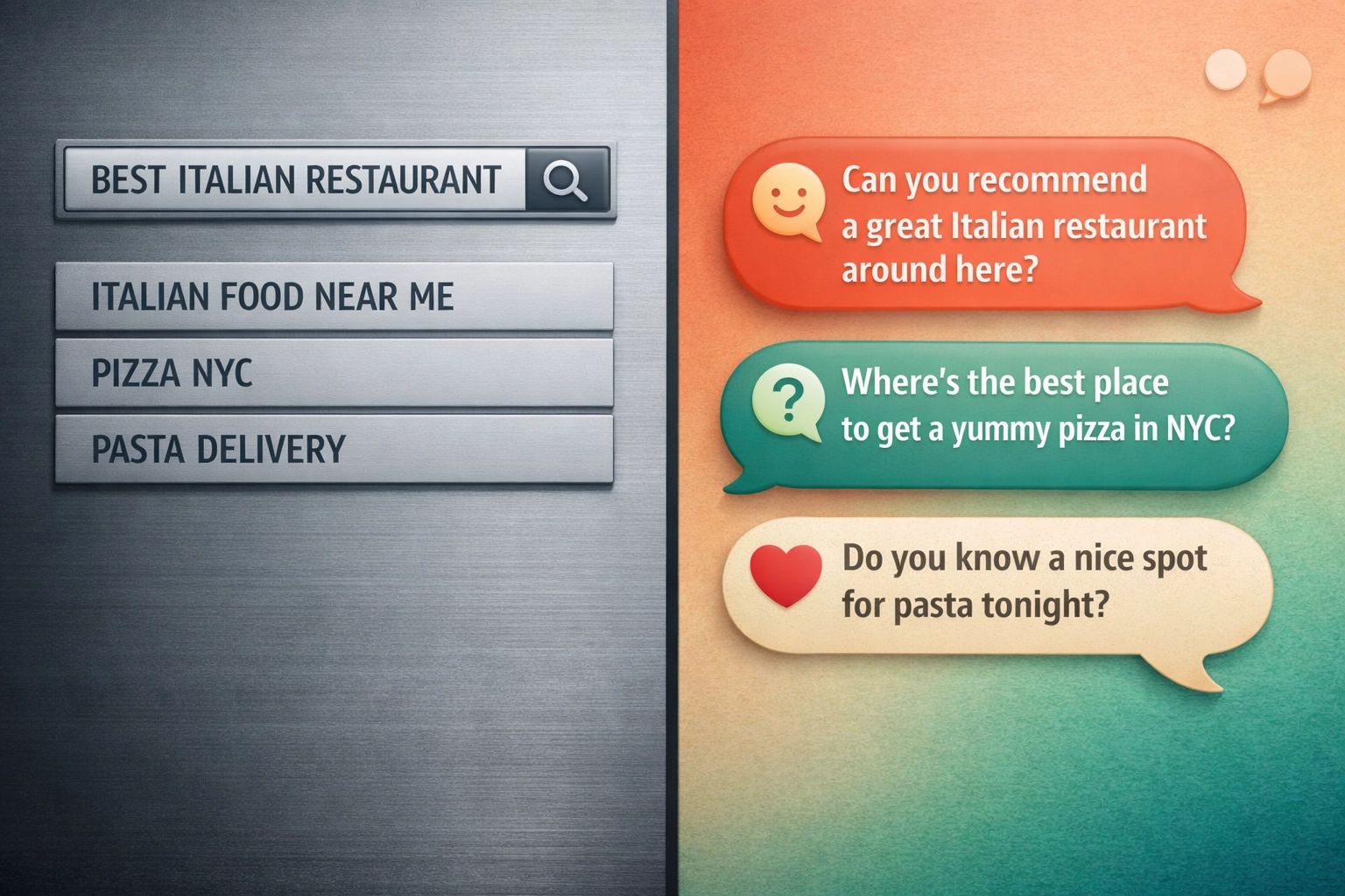 Comparison of traditional keyword search versus conversational AI search queries