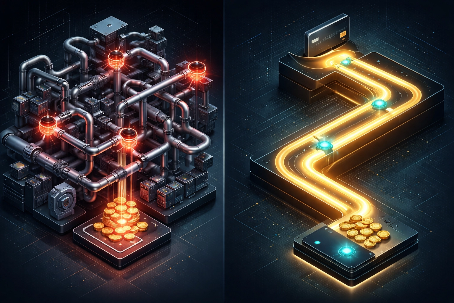 Side-by-side visual comparing complex traditional payment flow with streamlined crypto POS system to show 50% fee reduction benefits.