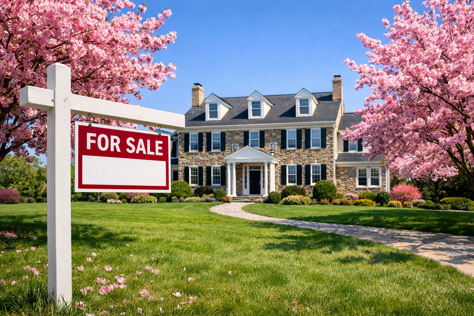 Luxury Montgomery County home with a for sale sign and spring blossoms, illustrating 2026 housing inventory trends. Luxury Montgomery County home with a for sale sign and spring blossoms, illustrating 2026 housing inventory trends.