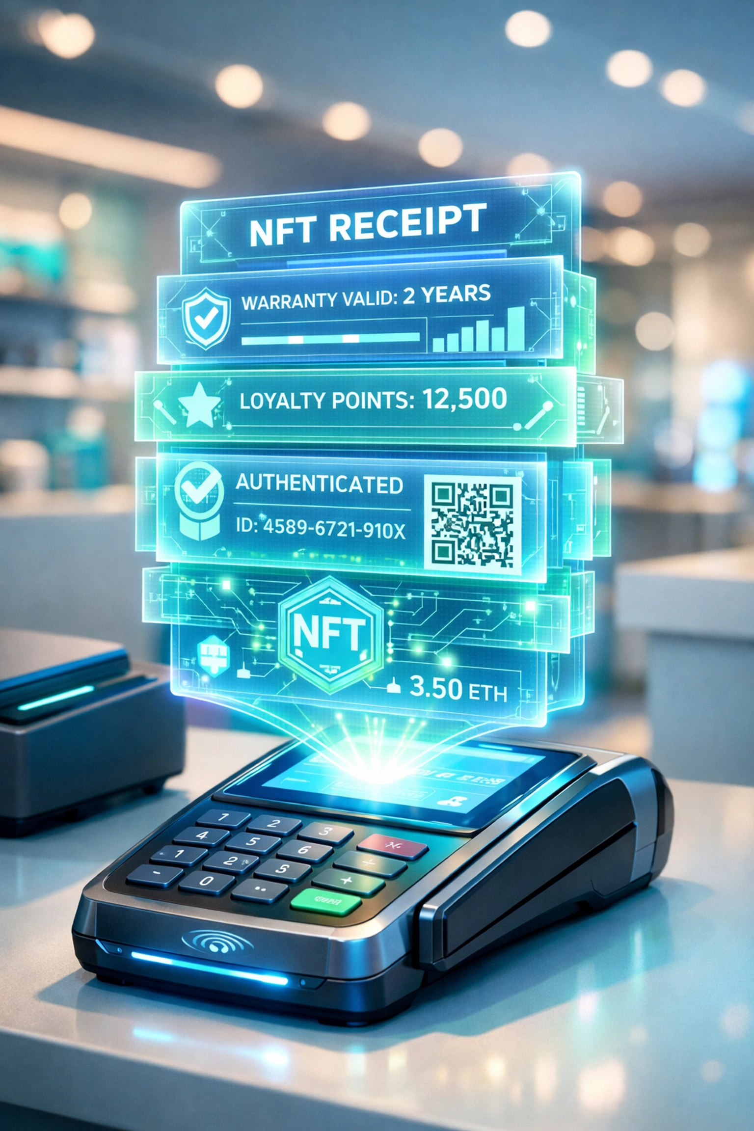 NFT receipt technology at crypto POS terminal showing programmable transaction data and merchant benefits