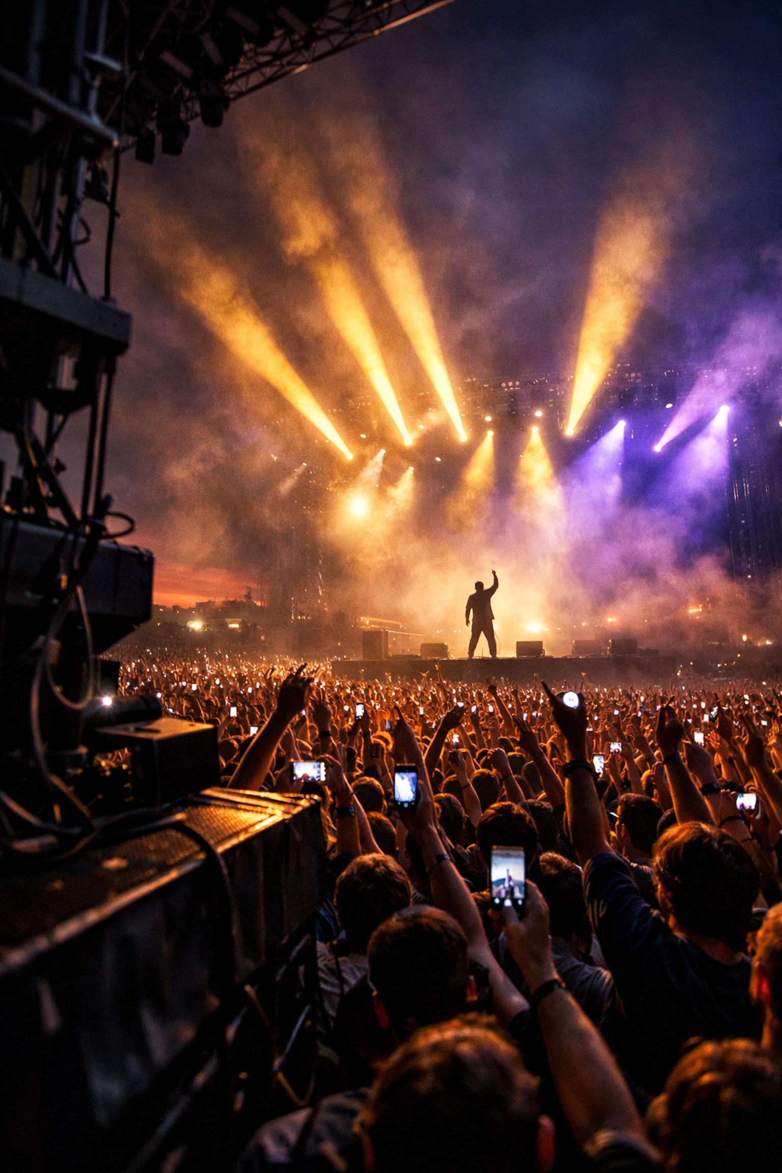 A massive music festival crowd cheering at a concert stage during a high-energy live performance marketing event.