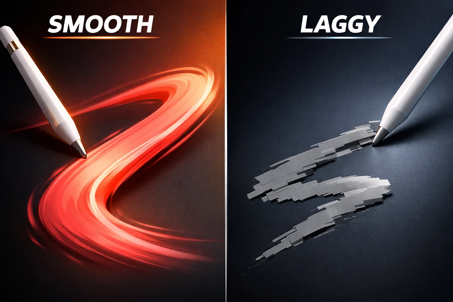 Comparison of smooth Procreate brush stroke versus laggy stroke with stabilization issues