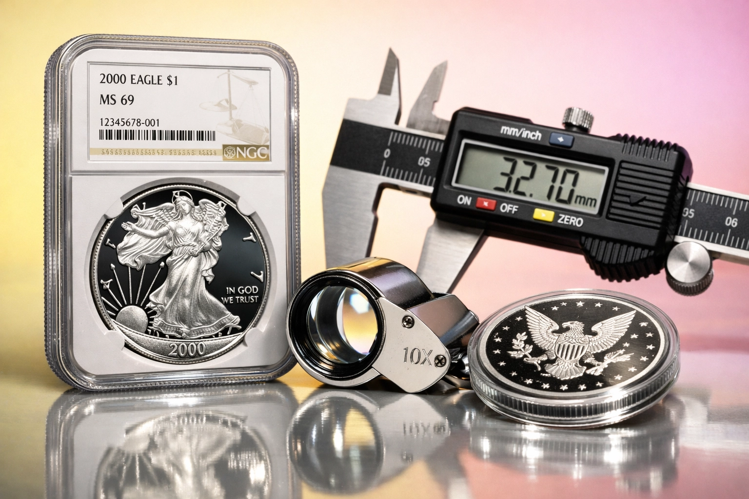 Professional coin grading tools and slabbed anniversary coins on a reflective surface.