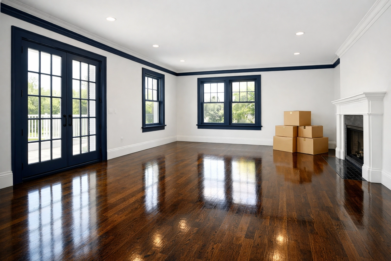 Spotless empty living room with polished hardwood floors and moving boxes in a Leominster MA home.