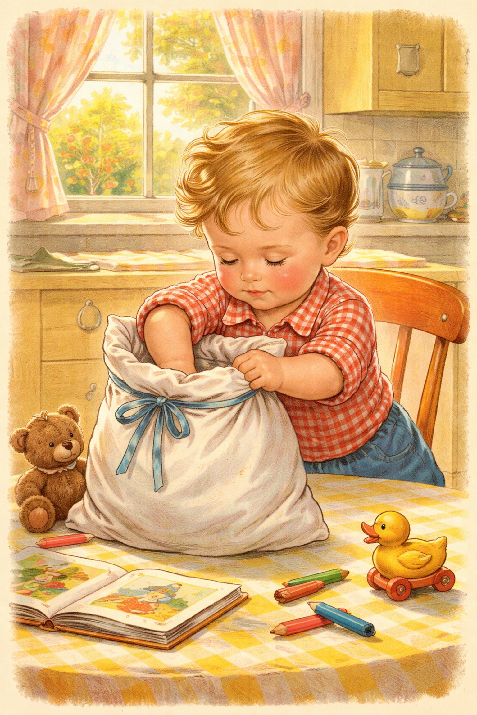 Child reaching into a mystery bag on a sunny table while playing the Mystery Texture Bag Game