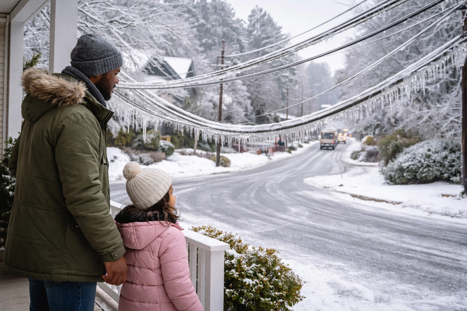 Father and daughter observe downed, ice-covered power lines safely after a Marietta winter storm