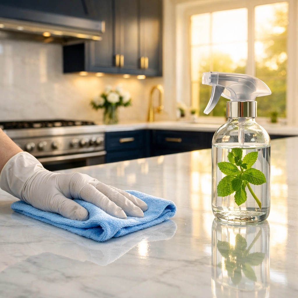 Professional cleaner polishing a luxury kitchen marble countertop in a Westwood estate using eco-friendly products.