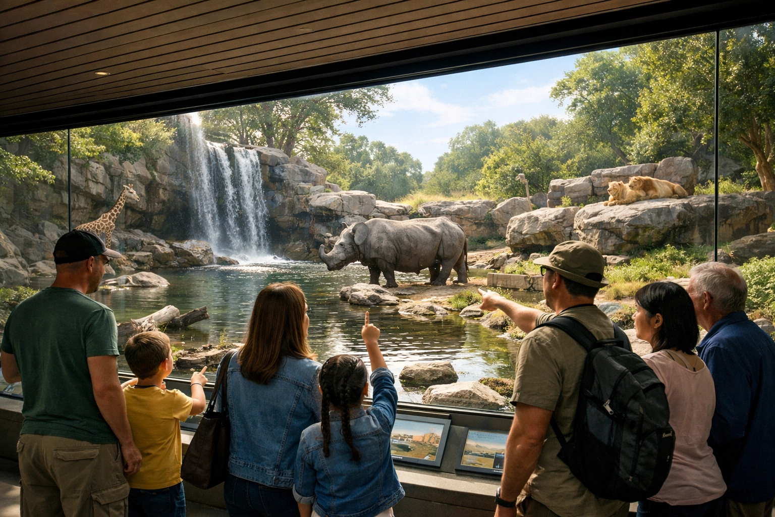 Zoo visitors viewing wildlife through modern glass exhibit at conservation facility