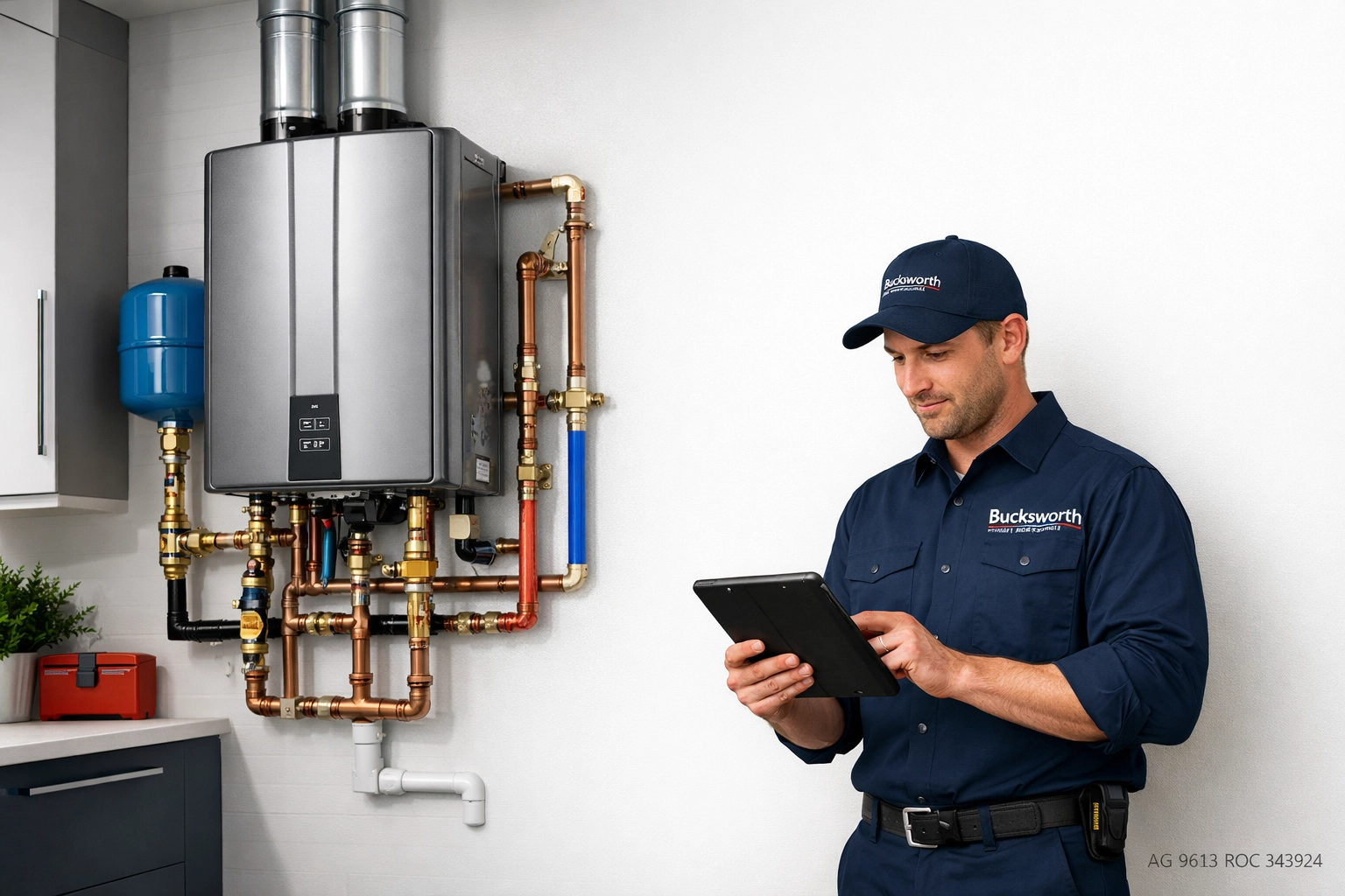 Sleek tankless water heater installation in Phoenix performed by Bucksworth Home Services experts.