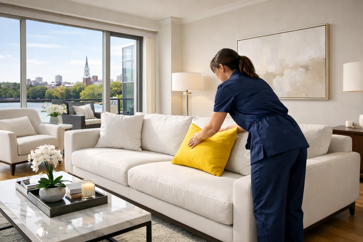 Professional residential cleaning team preparing a luxury Cambridge condo for a new move-in.