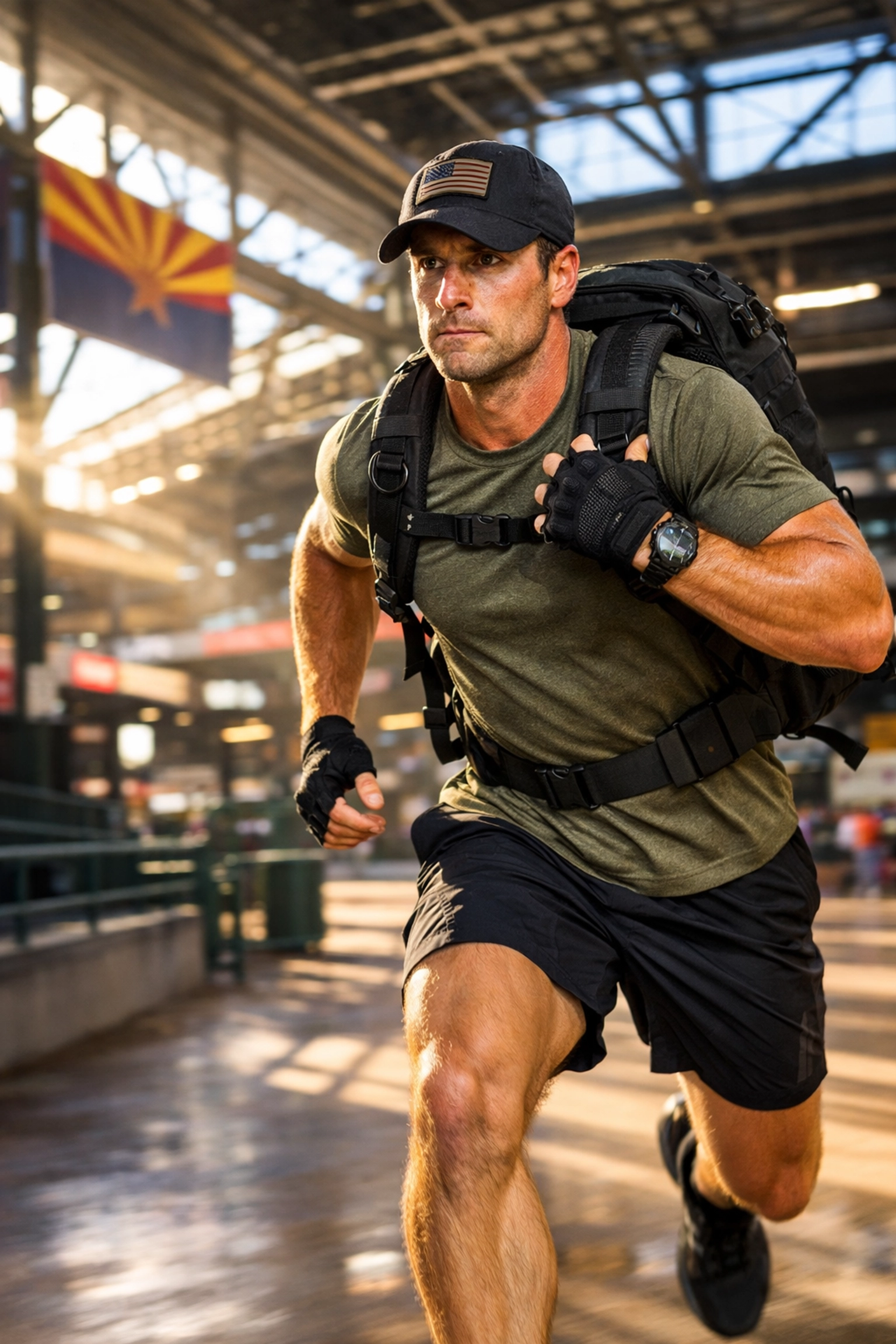 Rucking participant with weighted backpack running through Goodyear Ballpark during Heart & Sole 5K event