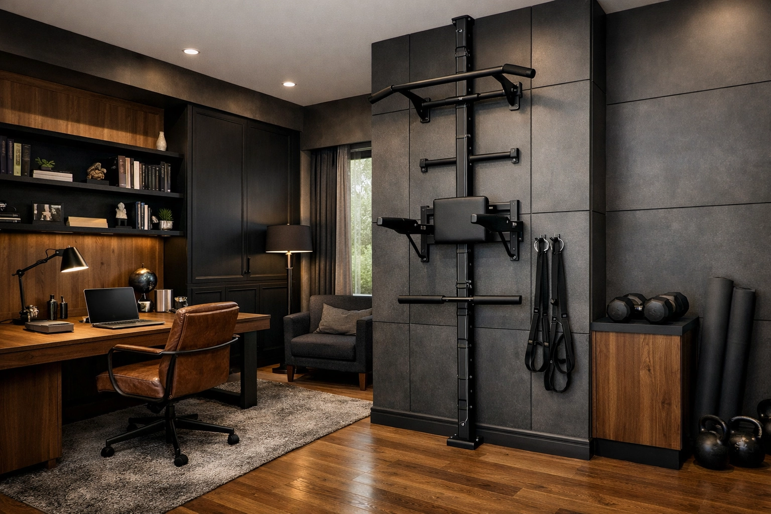 A versatile no wall damage workout system featuring a pull-up bar and dip station in a clean home gym.