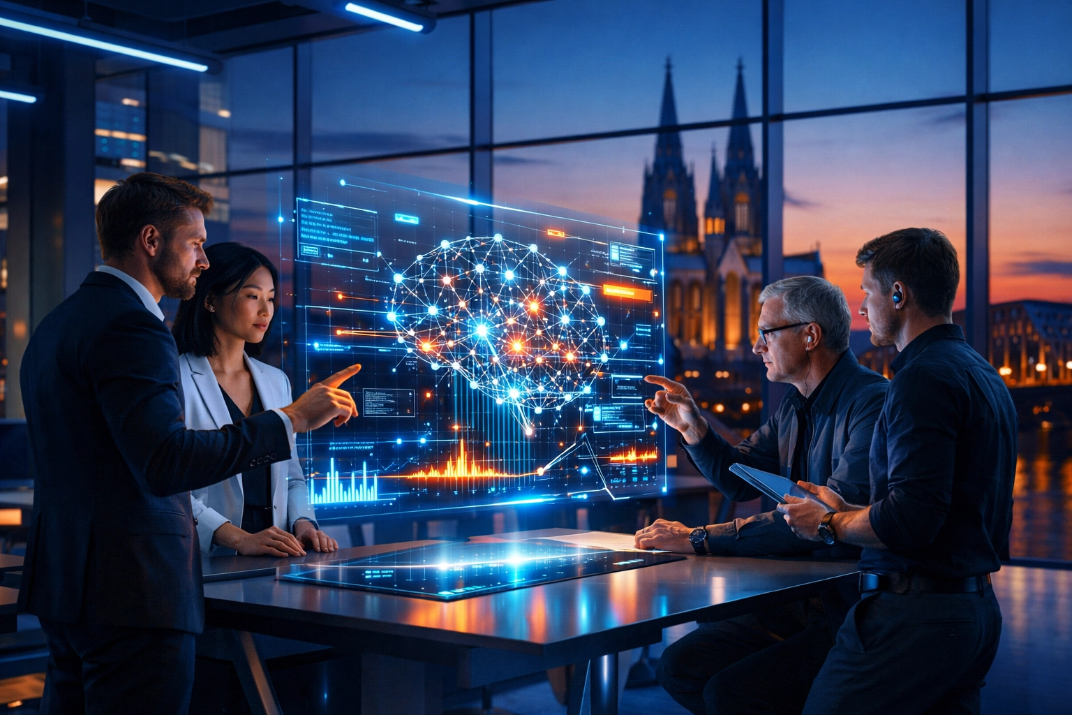 Experten im AI Hub Cologne arbeiten gemeinsam an innovativen KI-Lösungen für Unternehmen.