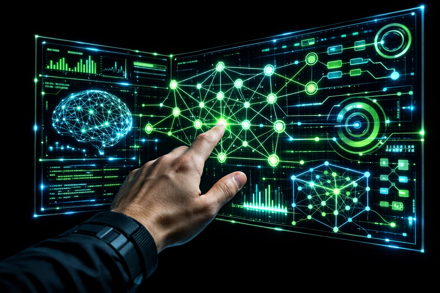 A hand interacting with a holographic data interface to manage intelligent automation and AI solutions.